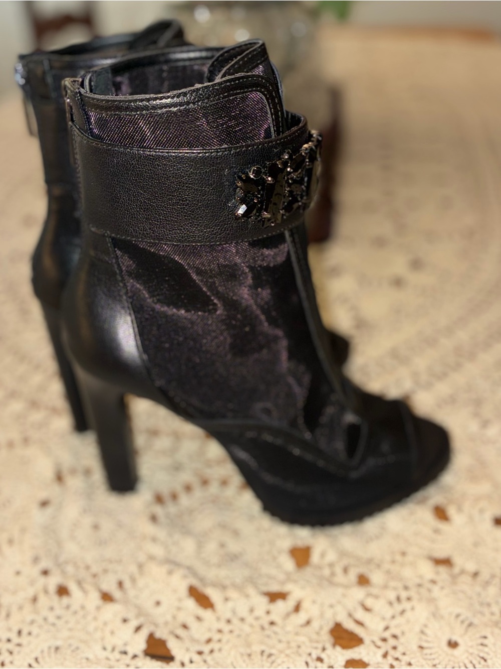 NWOT Karl Lagerfeld Paris Black Mesh Peep-Toe High Heel Booties - Picture 9 of 15